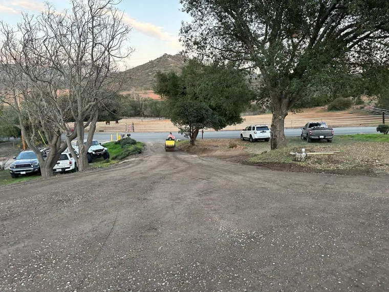 Finished gravel driveway with mature trees preserved